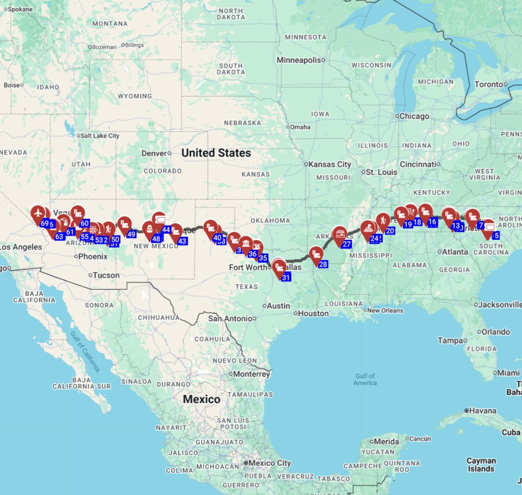 Map for השכרת קרוואן בארהב כולל תכנון מסלול  משארלוט ללאס וגאס